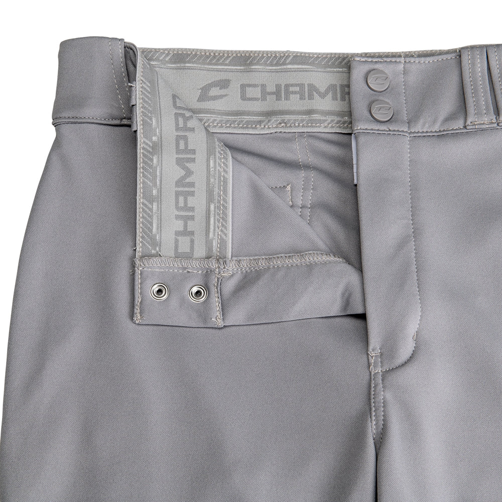 Close-up of the waist on gray Champro Sports Adult Triple Crown 2.0 Knicker Baseball Pants (BP68) with fly open, revealing interior branding, two snap buttons at the waistband, and two metallic grommets.
