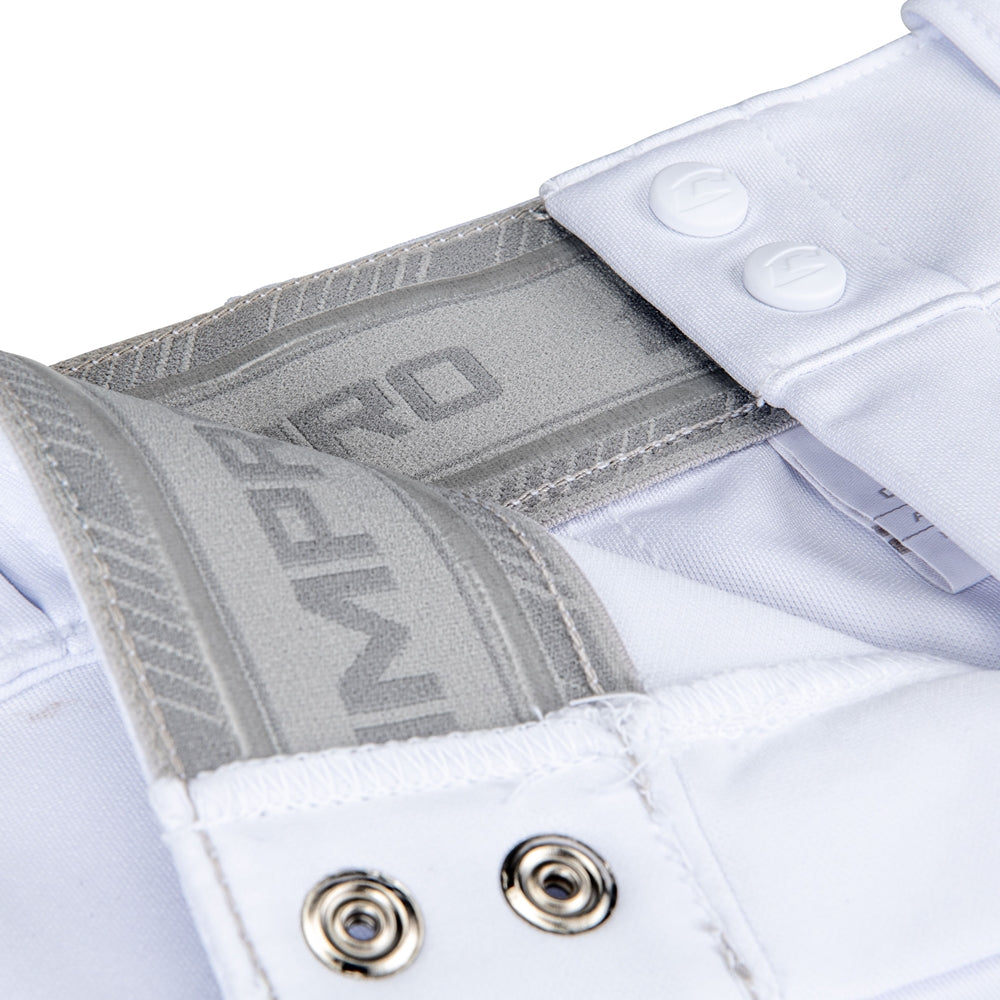 Close-up of Champro Sports Youth Triple Crown 2.0 Knicker Baseball Pants with Piping (BP70Y), featuring durable white fabric, piping accents, and silver snap buttons—ideal for young baseball athletes.