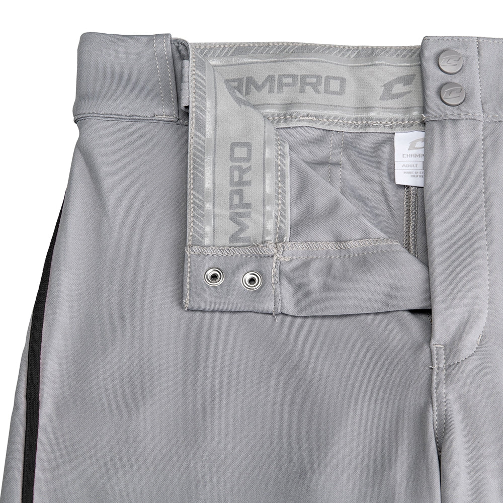 Close-up of the waistband and upper section of Champro Sports Youth Triple Crown 2.0 Knicker Baseball Pants with Piping (BP70Y) in light gray, featuring a Velcro closure, belt loops, metal grommets, zipper, and branded care tag.