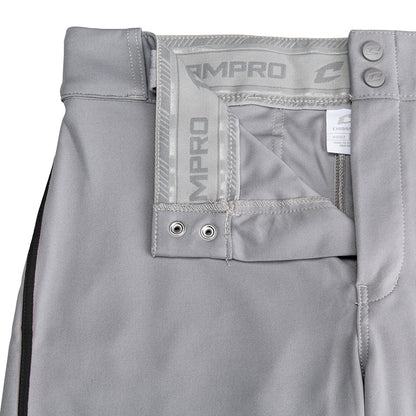 Close-up of the waistband and upper section of Champro Sports Youth Triple Crown 2.0 Knicker Baseball Pants with Piping (BP70Y) in light gray, featuring a Velcro closure, belt loops, metal grommets, zipper, and branded care tag.