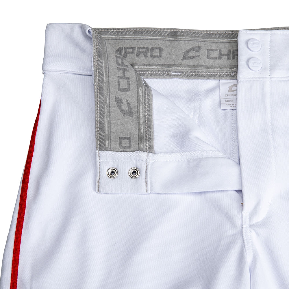 Close-up of Champro Sports Youth Triple Crown 2.0 Knicker Baseball Pants with red piping (BP70Y), unbuttoned waist revealing grey inner waistband with CHAMPRO branding and two metal grommets.