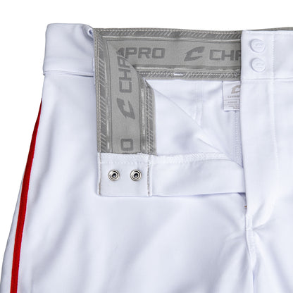Close-up of Champro Sports Youth Triple Crown 2.0 Knicker Baseball Pants with red piping (BP70Y), unbuttoned waist revealing grey inner waistband with CHAMPRO branding and two metal grommets.