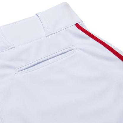 Close-up of the back pocket area of Champro Sports Youth Triple Crown 2.0 Knicker Baseball Pants with Piping (BP70Y) in white with a red stripe, featuring smooth, slightly stretchy fabric for comfortable, active play.