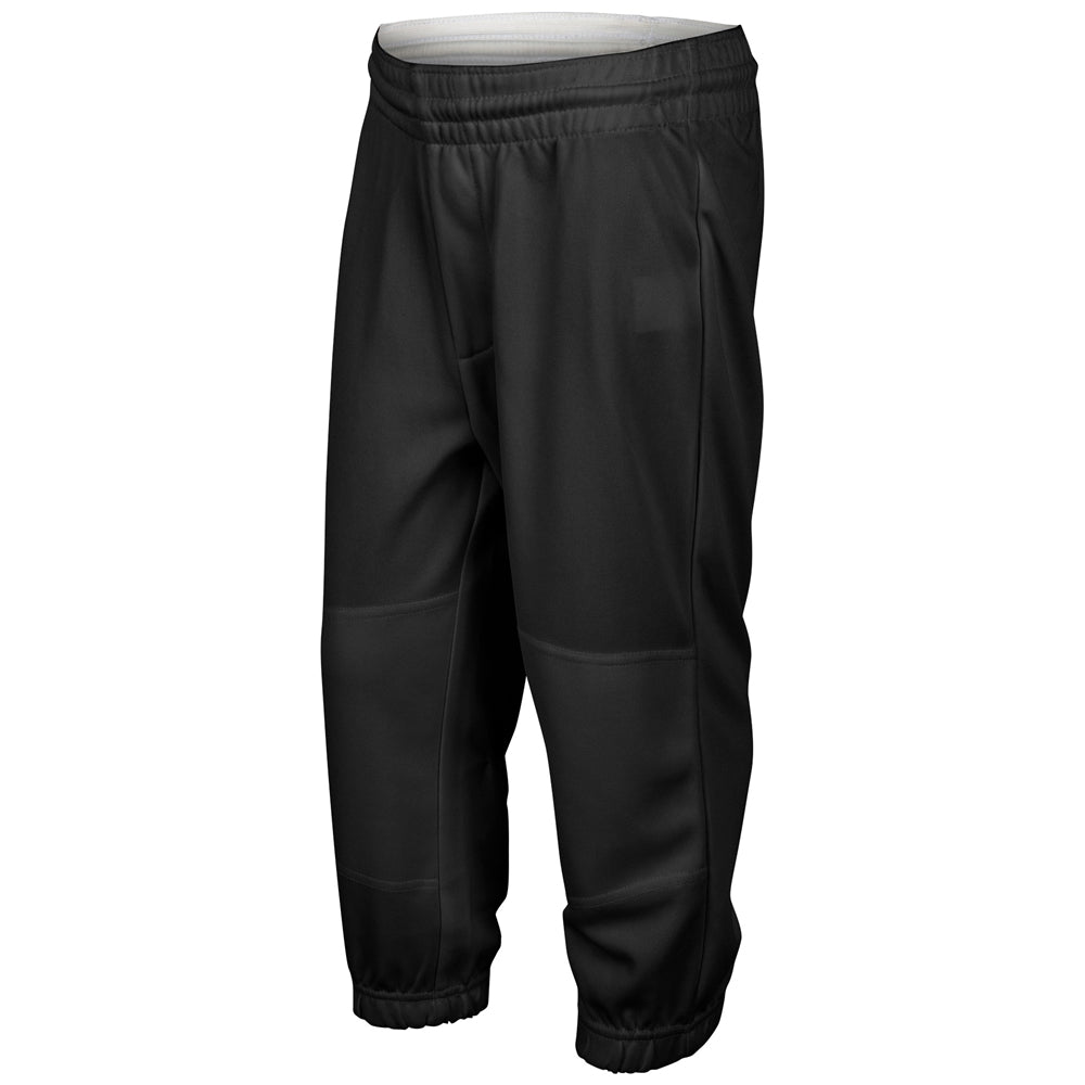 Champro Sports Champro Youth Cycle Pull Up Baseball Pants (BPPU1) feature an elastic waistband and cuffs. These black, loose-fitting pants are made from lightweight, abrasion-resistant fabric for durable performance. Shown against a white background.