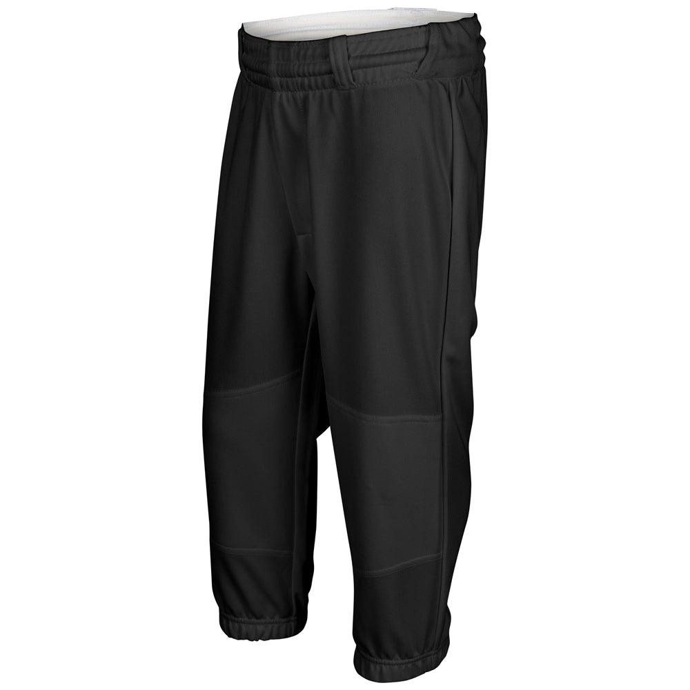 Champro Sports Champro Youth Cycle Pull Up Baseball Pants with Belt Loops (BPPU2), black polyester, cropped below the knees, elastic waistband, gathered cuffs, abrasion-resistant fabric. Displayed on a white background.
