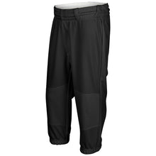 Champro Sports Champro Youth Cycle Pull Up Baseball Pants with Belt Loops (BPPU2), black polyester, cropped below the knees, elastic waistband, gathered cuffs, abrasion-resistant fabric. Displayed on a white background.