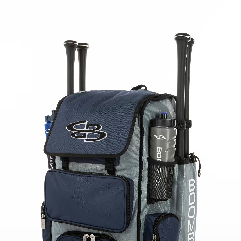 The Boombah Superpack Bat Bag: BPSP, in navy and gray, holds two bats and two water bottles in side pockets, with multiple zippered compartments for your gear.