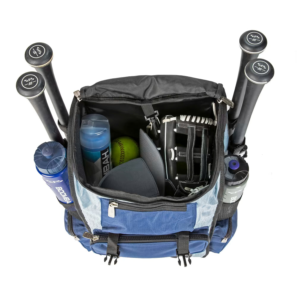 A top-down view of an open blue Boombah Superpack Bat Bag: BPSP filled with a softball glove, helmet, softball, and water bottles, with three bats sticking out from side compartments.
