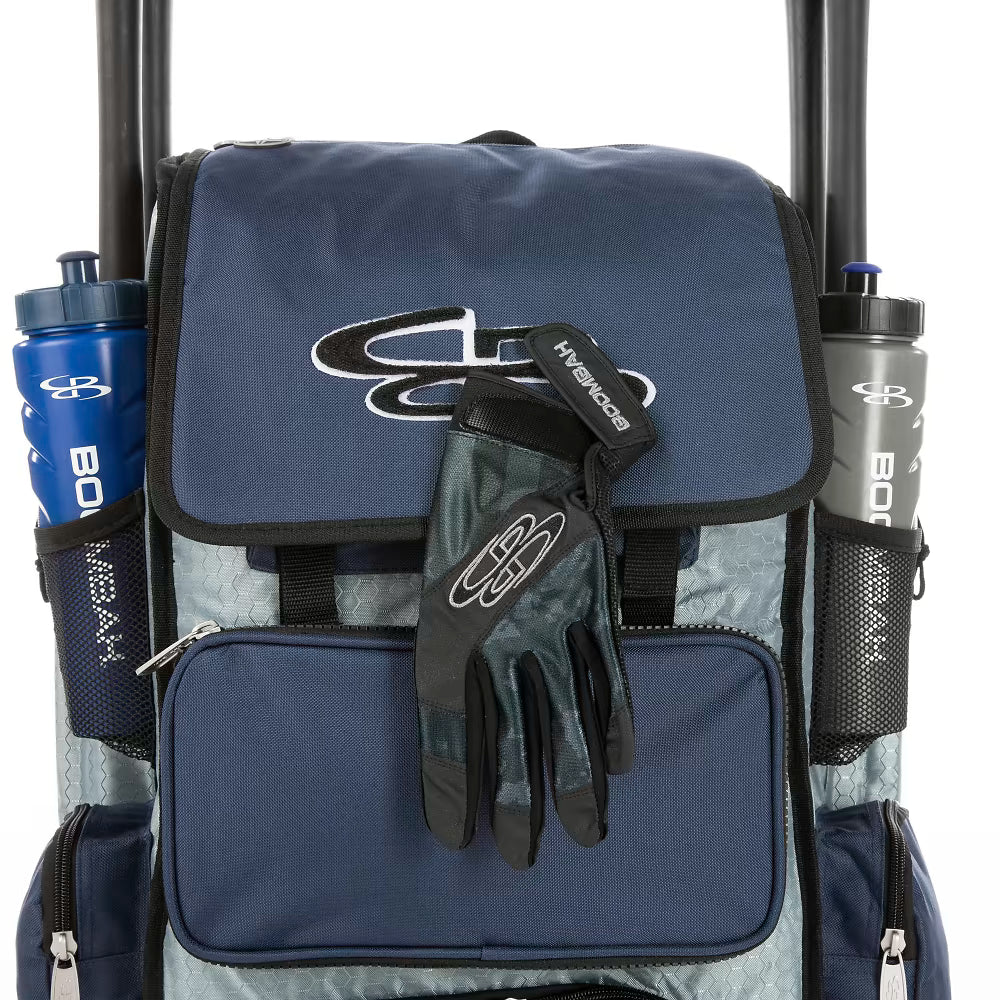 The Boombah Superpack Bat Bag: BPSP by Boombah is a blue and gray sports bag featuring a large front pocket, mesh side holders with two water bottles, and a black glove with a white logo on the front flap.