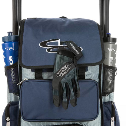 The Boombah Superpack Bat Bag: BPSP by Boombah is a blue and gray sports bag featuring a large front pocket, mesh side holders with two water bottles, and a black glove with a white logo on the front flap.