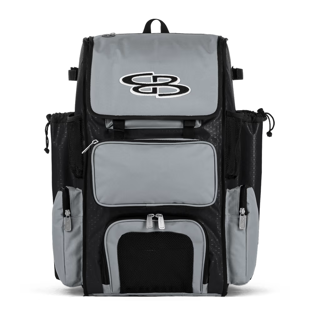 The Boombah Superpack Bat Bag: BPSP by Boombah comes in black-gray, featuring multiple zippered compartments, mesh side pockets, and a bold BB logo on the top front flap.