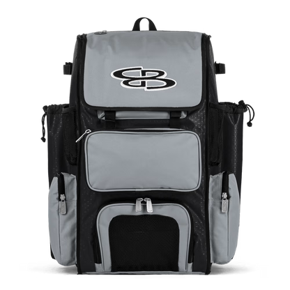 The Boombah Superpack Bat Bag: BPSP by Boombah comes in black-gray, featuring multiple zippered compartments, mesh side pockets, and a bold BB logo on the top front flap.