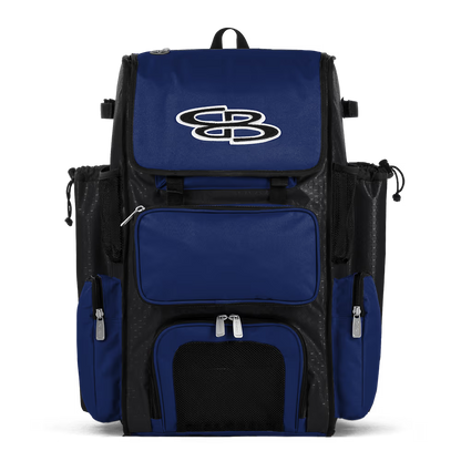 The Boombah Superpack Bat Bag: BPSP, by Boombah, features a black-royal design with multiple zippered compartments, mesh side pockets, and a white "SB" logo on the front flap, displayed against a plain white background.