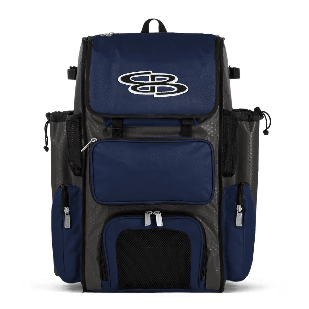 The Boombah Superpack Bat Bag: BPSP by Boombah in Charcoal-Navy features multiple zippered compartments, mesh side pockets, and a large white embroidered logo on the front flap.