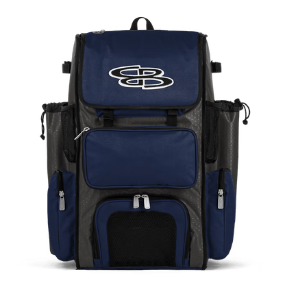 The Boombah Superpack Bat Bag: BPSP by Boombah in Charcoal-Navy features multiple zippered compartments, mesh side pockets, and a large white embroidered logo on the front flap.