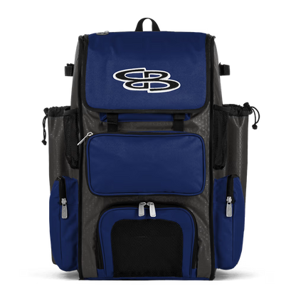 The Boombah Superpack Bat Bag: BPSP by Boombah is a blue and black backpack with multiple zippered compartments, mesh side pockets, and a white stylized SB logo on the front flap.
