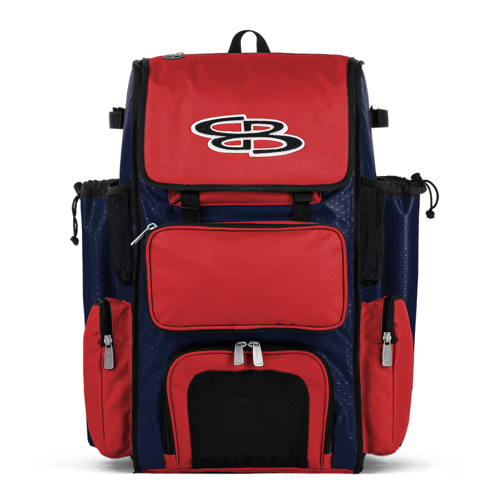 The Boombah Superpack Bat Bag: BPSP by Boombah comes in navy-red, features multiple zippered pockets, mesh sides, and a white SB logo on the top front flap.