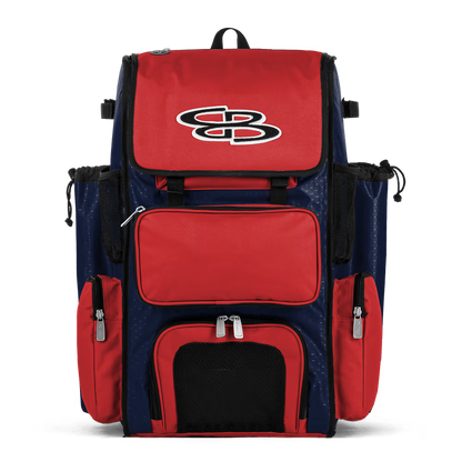 The Boombah Superpack Bat Bag: BPSP by Boombah comes in navy-red, features multiple zippered pockets, mesh sides, and a white SB logo on the top front flap.