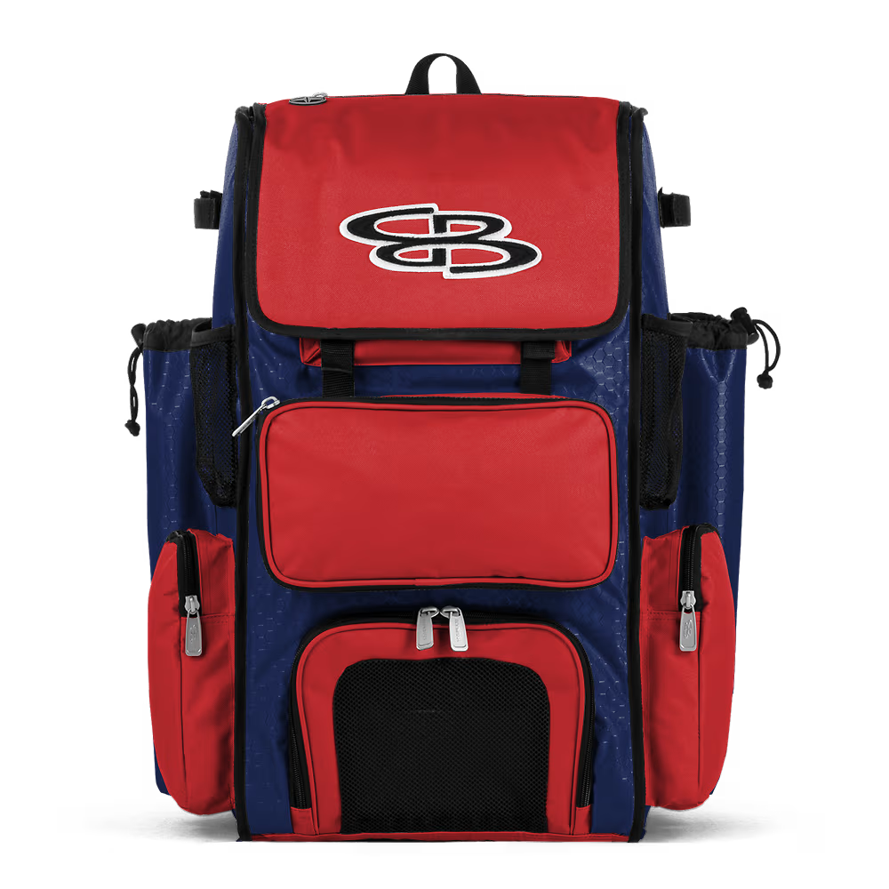 The Boombah Superpack Bat Bag: BPSP by Boombah features a royal-red design with multiple zippered compartments, side pockets, and a black-and-white stylized SB logo on the top front flap.