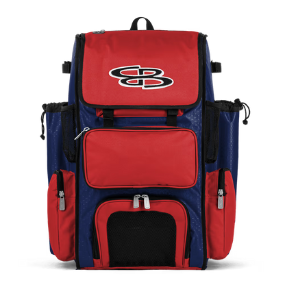 The Boombah Superpack Bat Bag: BPSP by Boombah features a royal-red design with multiple zippered compartments, side pockets, and a black-and-white stylized SB logo on the top front flap.