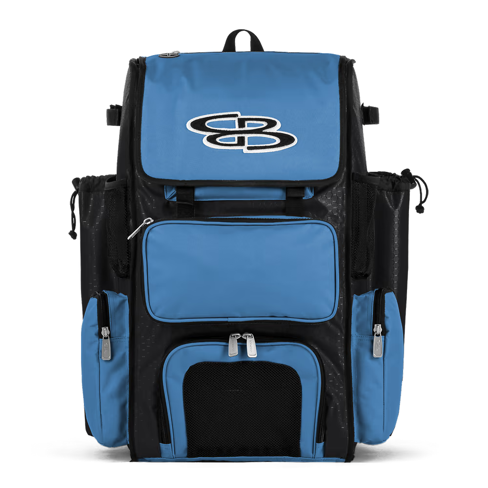 The Boombah Superpack Bat Bag: BPSP in Black-Columbia Blue features multiple zippered compartments, mesh side pockets, and a white SB logo on the front. Ideal for carrying your baseball gear in style.