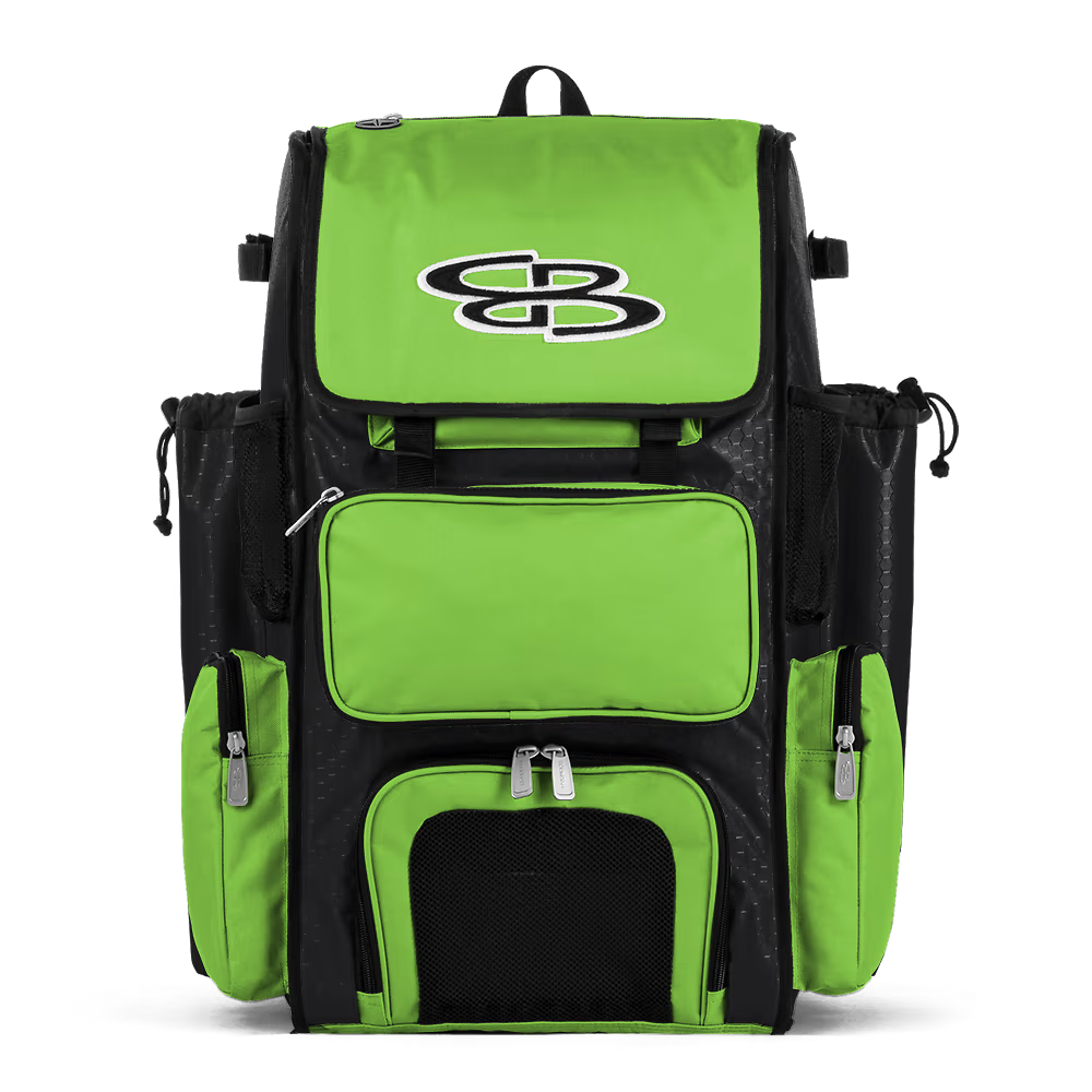 The Boombah Superpack Bat Bag: BPSP by Boombah, shown in Black-Lime with a white SB logo, features multiple zippered compartments and side pockets, displayed on a plain white background.
