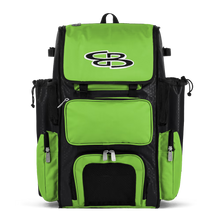 The Boombah Superpack Bat Bag: BPSP by Boombah, shown in Black-Lime with a white SB logo, features multiple zippered compartments and side pockets, displayed on a plain white background.