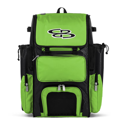 The Boombah Superpack Bat Bag: BPSP by Boombah, shown in Black-Lime with a white SB logo, features multiple zippered compartments and side pockets, displayed on a plain white background.