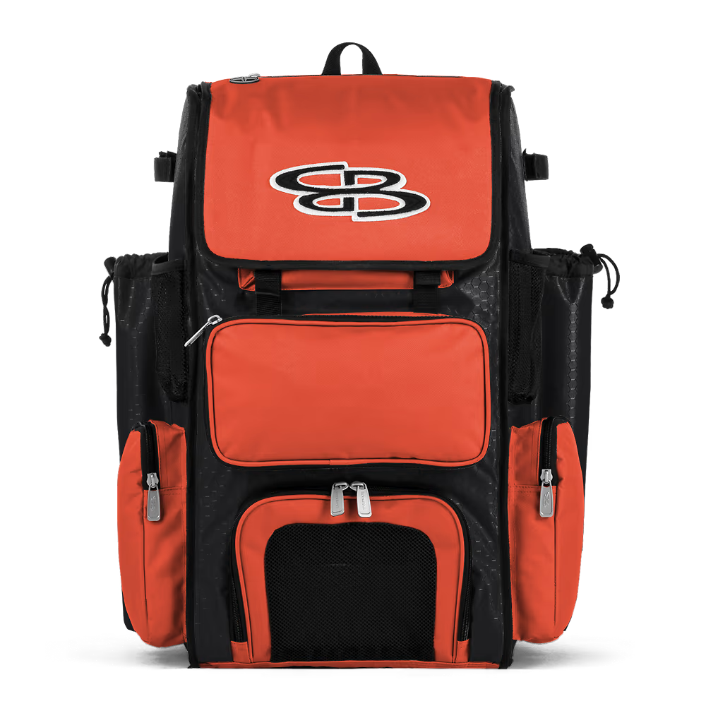 The Boombah Superpack Bat Bag: BPSP by Boombah in Black-Orange features multiple zippered compartments, mesh side pockets, and a large SB logo—perfect as a spacious backpack for all your gear.