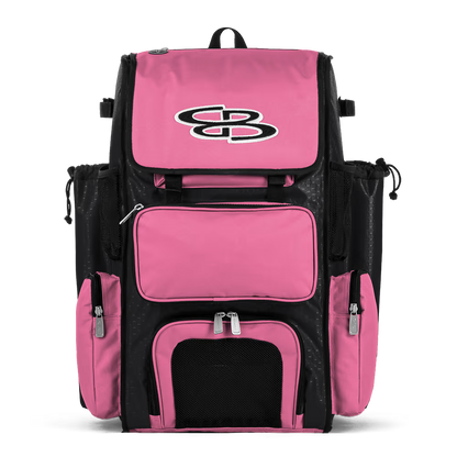 A spacious pink and black Boombah Superpack Bat Bag: BPSP by Boombah, featuring multiple zippered compartments, mesh side pockets, and a bold white and black SB logo on the front flap.