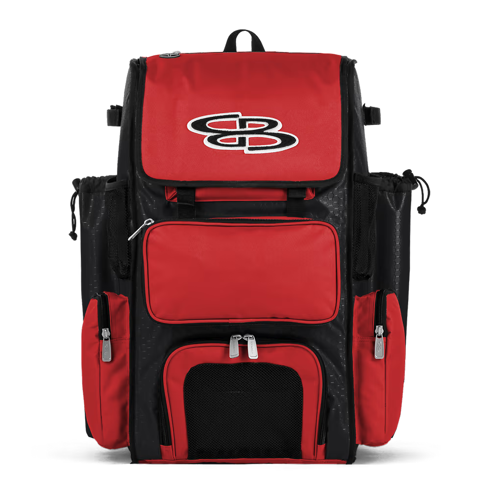 The Boombah Superpack Bat Bag: BPSP in Black-Red combines style and function, making it the perfect backpack for players on the go.