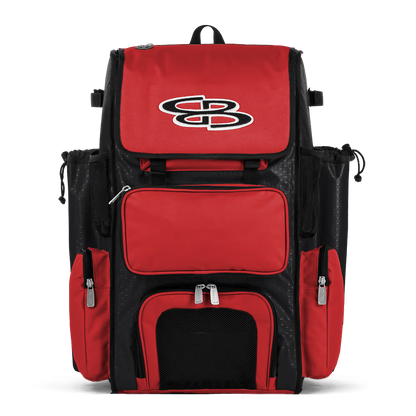 The Boombah Superpack Bat Bag: BPSP in Black-Red combines style and function, making it the perfect backpack for players on the go.