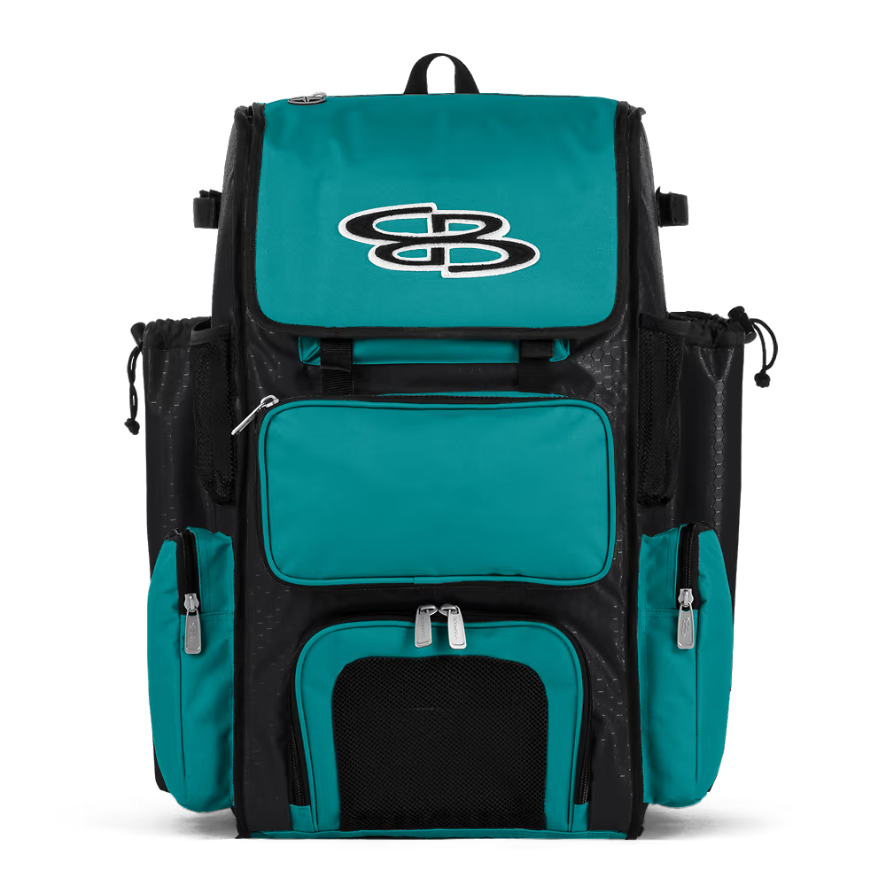 The Boombah Superpack Bat Bag: BPSP, in teal and black, features multiple zippered compartments, a mesh pocket, and a large embroidered SB logo on the front flap. Displayed against a plain white background.