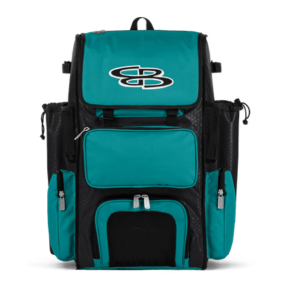 The Boombah Superpack Bat Bag: BPSP, in teal and black, features multiple zippered compartments, a mesh pocket, and a large embroidered SB logo on the front flap. Displayed against a plain white background.