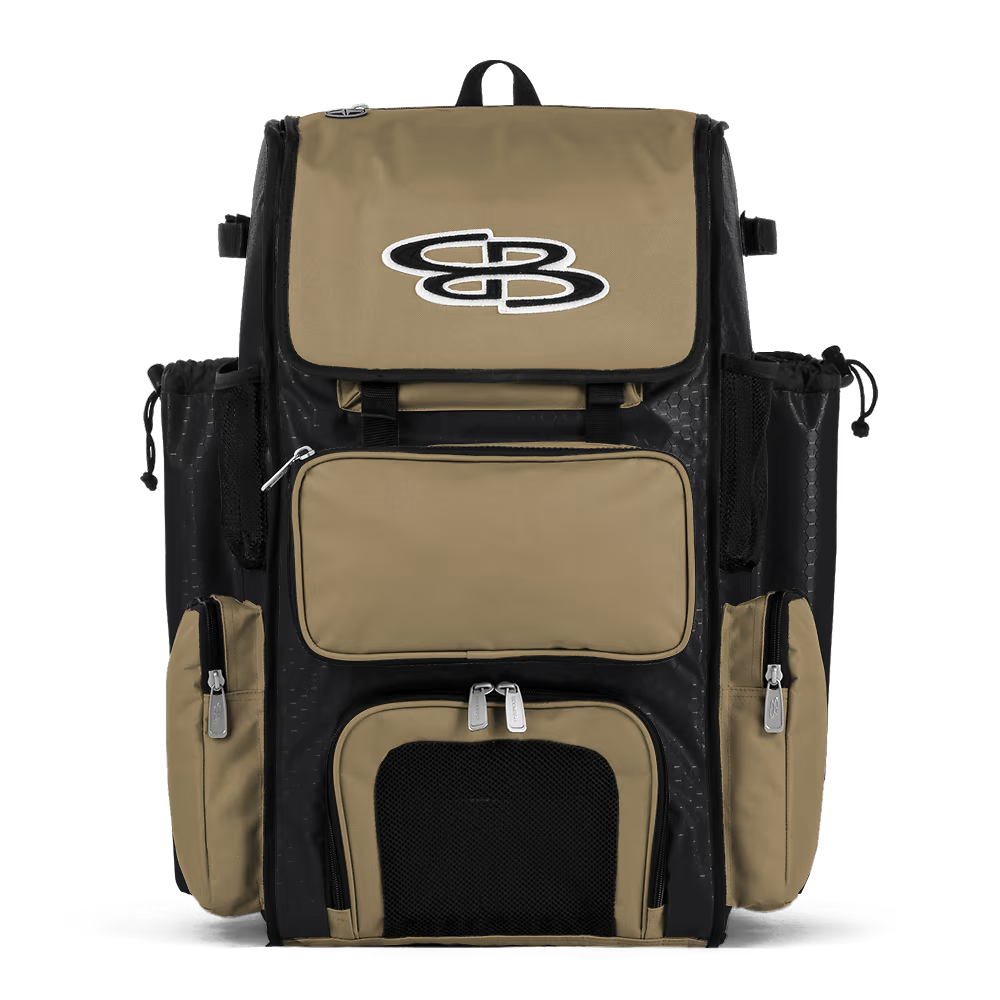 The Boombah Superpack Bat Bag: BPSP features a tan and black design, multiple zippered compartments, mesh side pockets, and a large white and black Boombah logo on the top front flap.