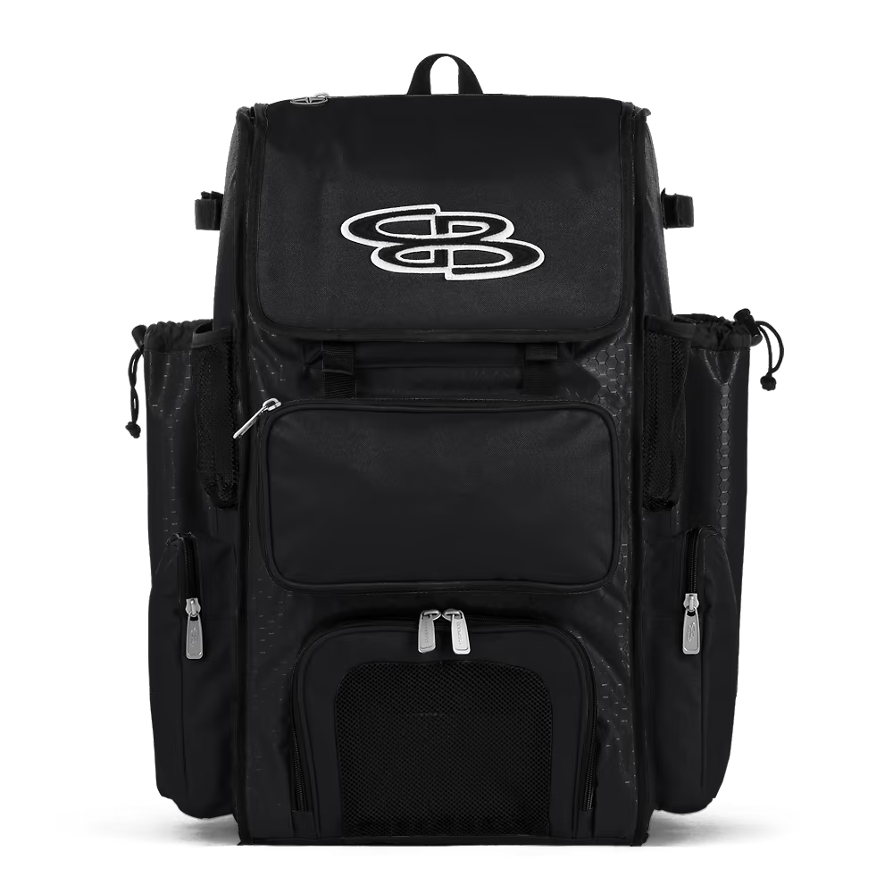 A black Boombah Superpack Bat Bag: BPSP by Boombah, featuring multiple zippered pockets, mesh panels, and a large white logo on the top flap, displayed against a plain white background.