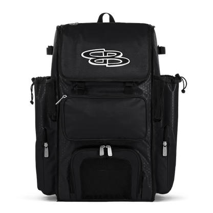 A black Boombah Superpack Bat Bag: BPSP by Boombah, featuring multiple zippered pockets, mesh panels, and a large white logo on the top flap, displayed against a plain white background.