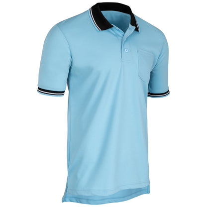 The Champro Sports Umpire Polo: BSR1 is a light blue, breathable polyester mesh shirt with a black collar, black-and-white striped accents on the collar and cuffs, plus a left chest pocket.