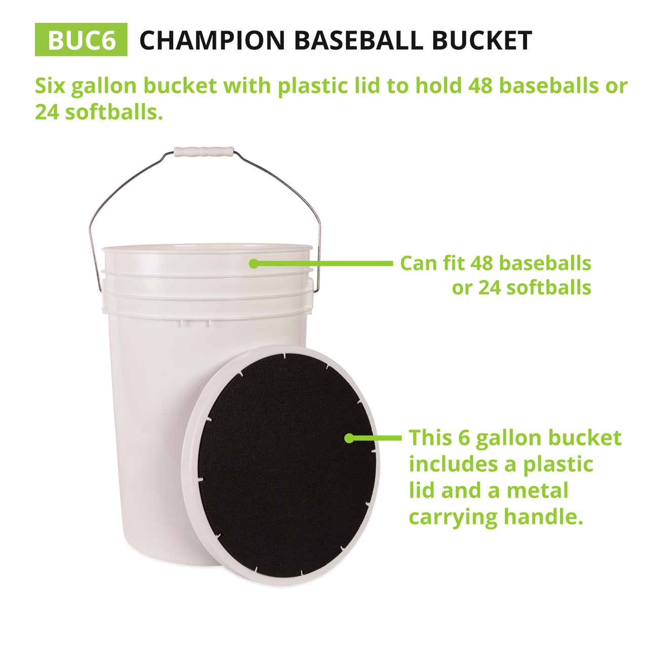 The Champion DSG 6 Gallon Ball Bucket with Padded Lid (BUC6-DSG) by Champion holds up to 48 baseballs or 24 softballs and features a padded lid that doubles as a seat plus a sturdy metal handle for easy transport.