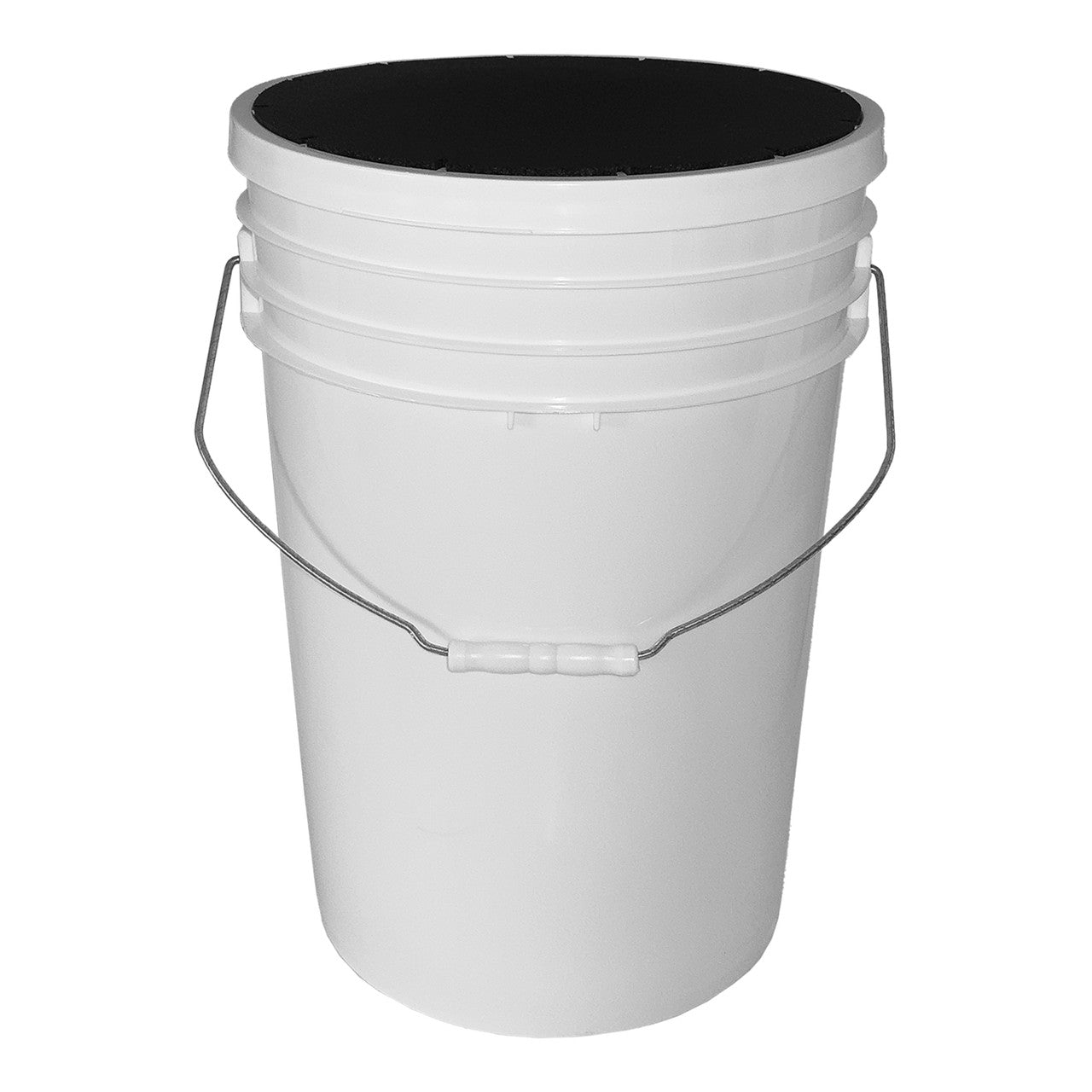 The Champion DSG 6 Gallon Ball Bucket with Padded Lid (BUC6-DSG) by Champion stands upright against a white background, featuring a sturdy metal handle and a black padded lid that doubles as a seat.