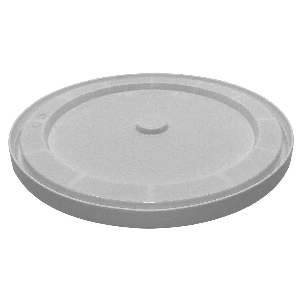 The Champion DSG 6 Gallon Ball Bucket with Padded Lid (BUC6-DSG) by Champion features a round, flat, white plastic lid with a small raised center, designed to fit securely and provide seating comfort.