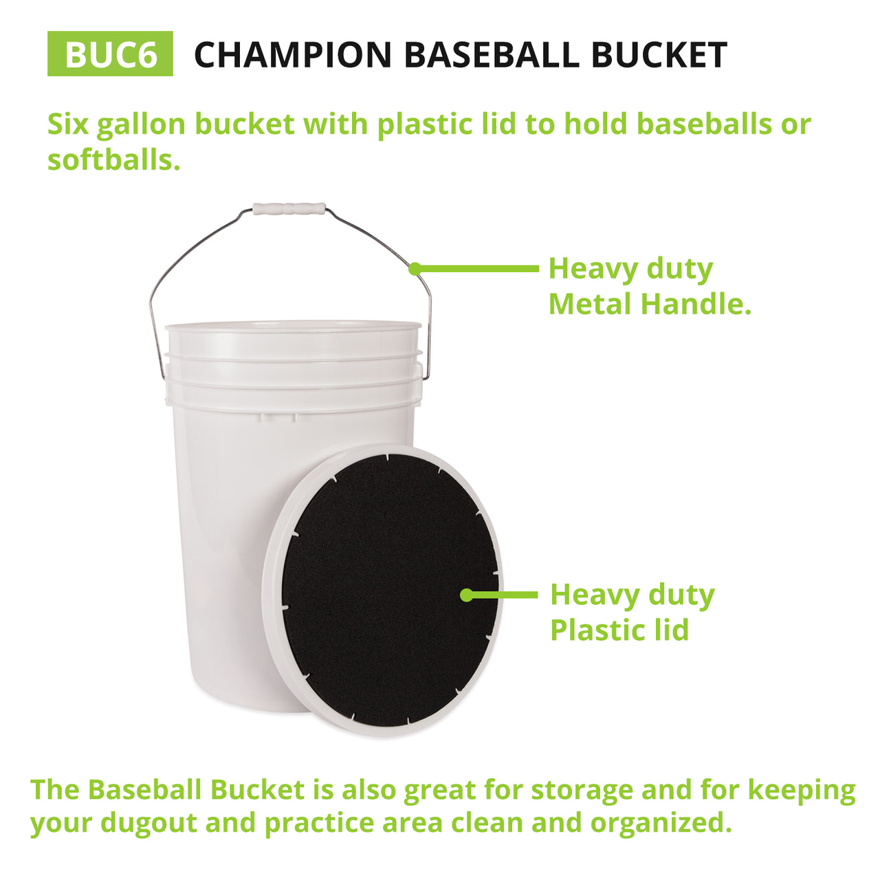 The Champion DSG 6 Gallon Ball Bucket with Padded Lid (BUC6-DSG) is a white, heavy-duty bucket with a metal handle and padded black lid, perfect for storing and organizing baseballs or softballs.