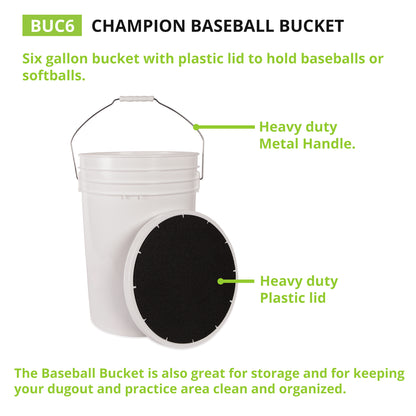 The Champion DSG 6 Gallon Ball Bucket with Padded Lid (BUC6-DSG) is a white, heavy-duty bucket with a metal handle and padded black lid, perfect for storing and organizing baseballs or softballs.