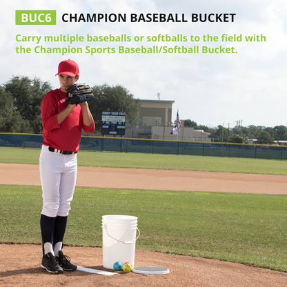 A young baseball player in a red uniform stands on the field next to a Champion DSG 6 Gallon Ball Bucket with Padded Lid (BUC6-DSG), perfect for carrying baseballs and softballs. The text highlights its durability and convenience.