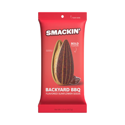 A red bag of Smackin' Sunflower Seeds - 1.5oz features jumbo seeds, a large illustrated sunflower seed, BBQ sauce, and a bold Backyard BBQ flavor label on the front.