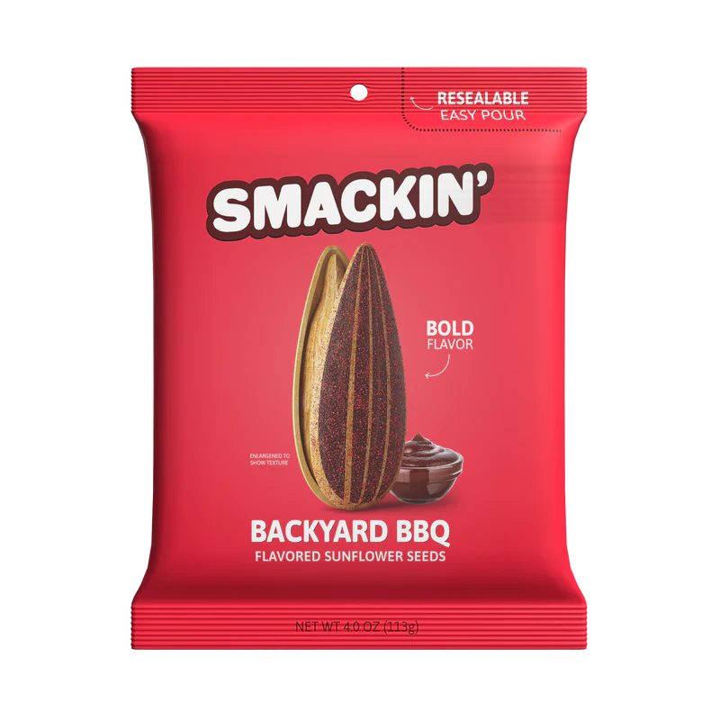 A red bag of Smackin’ Sunflower Seeds - 4oz features jumbo BBQ-flavored seeds, a dish of barbecue sauce, and text highlighting Bold Flavor and Resealable Easy Pour. Net weight: 4 oz (113g). Brand: Smackin' Sunflower Seeds.