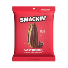 A red bag of Smackin’ Sunflower Seeds - 4oz features jumbo BBQ-flavored seeds, a dish of barbecue sauce, and text highlighting Bold Flavor and Resealable Easy Pour. Net weight: 4 oz (113g). Brand: Smackin' Sunflower Seeds.