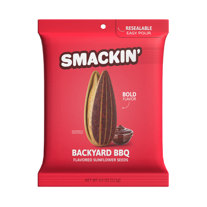A red bag of Smackin’ Sunflower Seeds - 4oz features jumbo BBQ-flavored seeds, a dish of barbecue sauce, and text highlighting Bold Flavor and Resealable Easy Pour. Net weight: 4 oz (113g). Brand: Smackin' Sunflower Seeds.