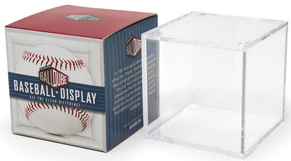 A clear BallQube Plastic Display Case by Diamond Sport Gear is shown next to its packaging, labeled "Baseball Display" with a baseball image on the front.