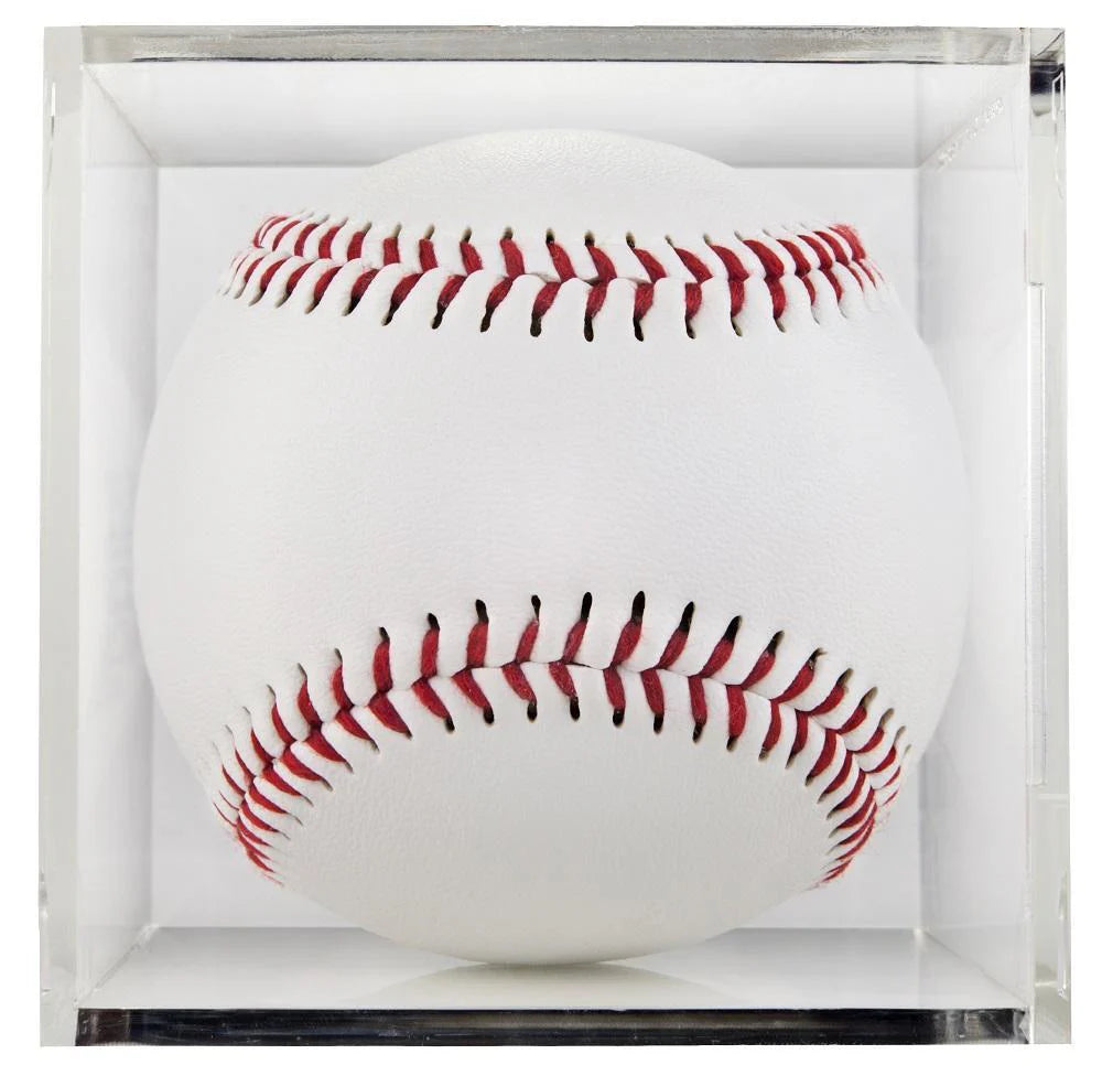 A white baseball with red stitching is showcased in the Diamond Sport Gear BallQube Plastic Display Case.